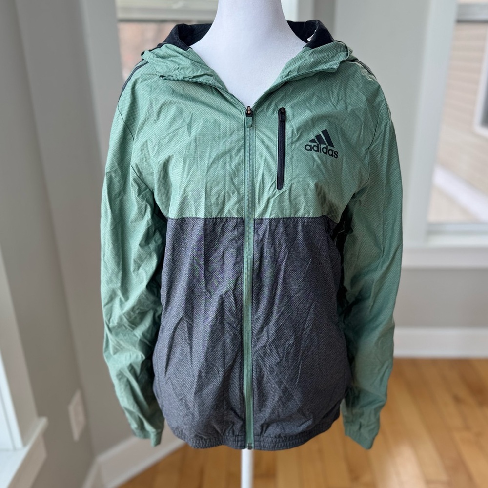 Adidas Sage Green and Charcoal Gray Full Zip Hooded Windbreaker Jacket Medium